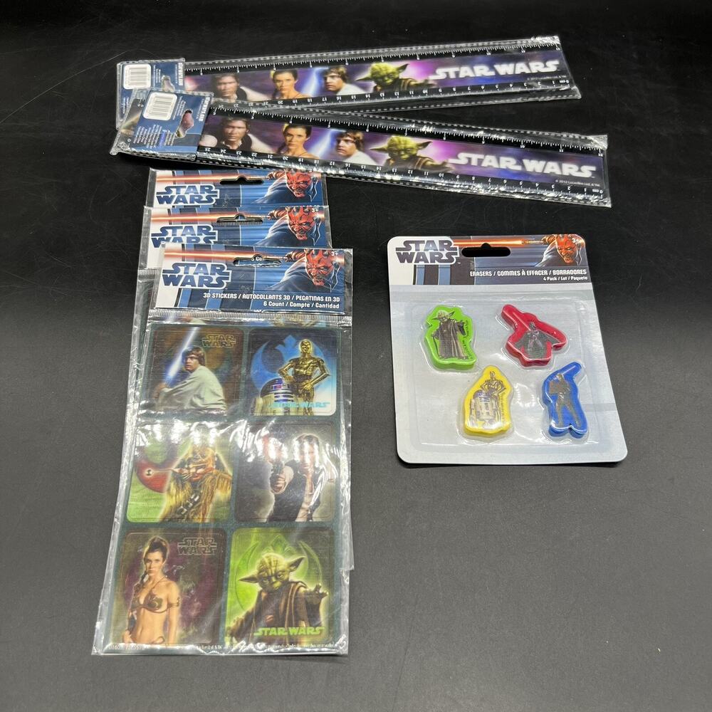 Star Wars Rulers Erasers Stickers Lot 2012 Lucas Film Yoda Darth Vader Hans Leia